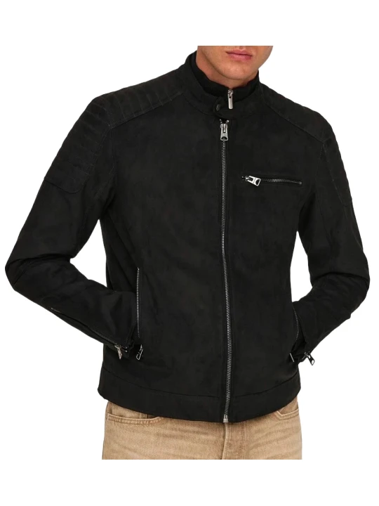 Black Suede Leather High Neck Jacket