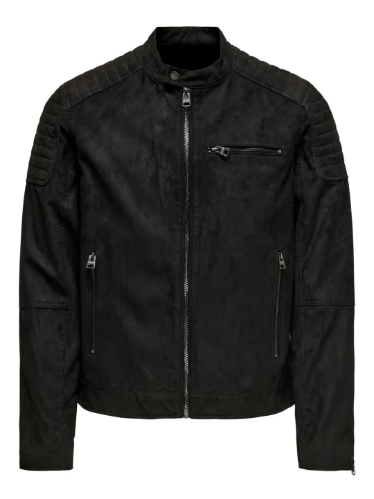 Black Suede Leather High Neck Jacket