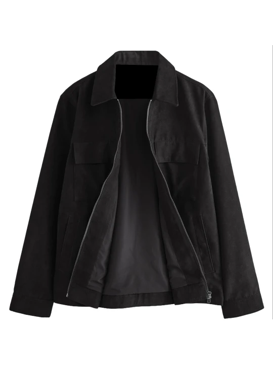 Black Suede Leather Jacket With Flap Pockets