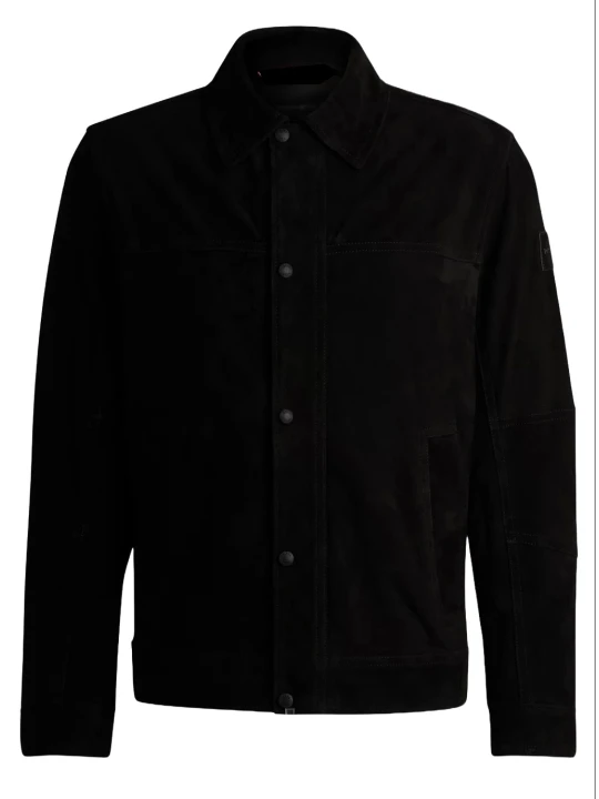 Black Suede Leather Jacket With Snap Button Front