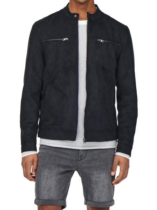 Black Suede Leather Round Neck Jacket