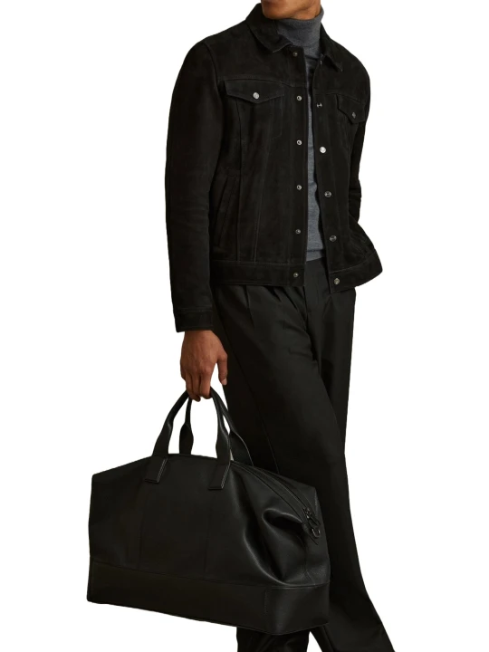 Black Suede Leather Button Front Trucker Jacket