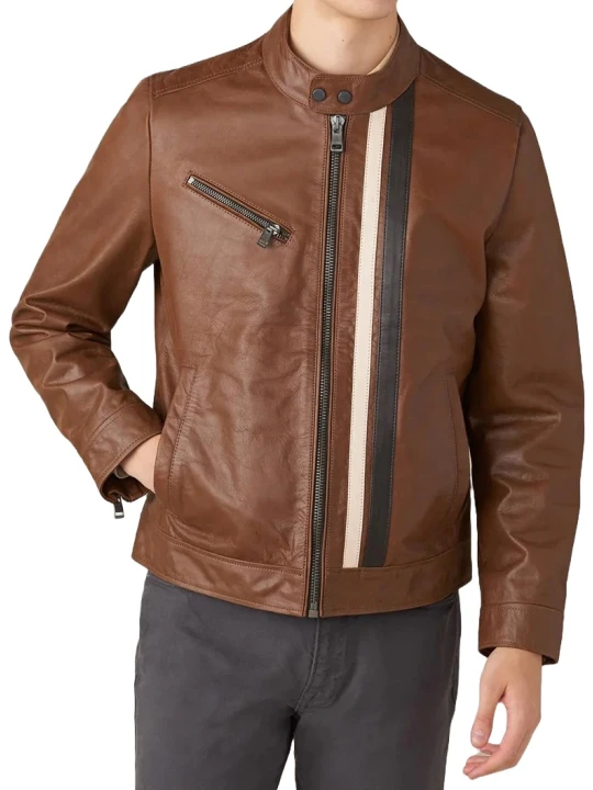 Brown Leather Jacket With Cream And Black Stripe