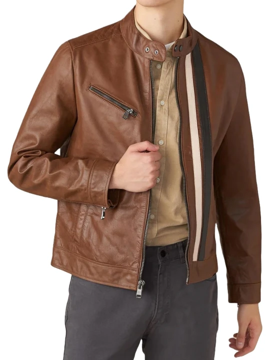 Brown Leather Jacket With Cream And Black Stripe