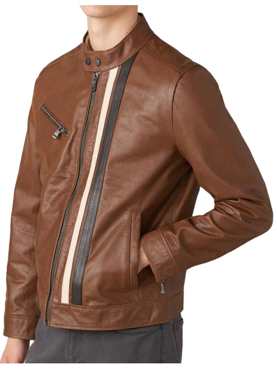 Brown Leather Jacket With Cream And Black Stripe