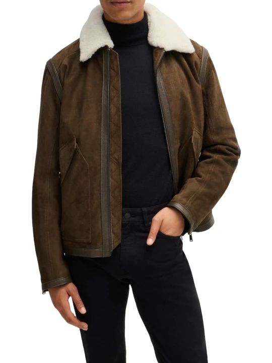 Brown Suede Leather Jacket With Leather Trims