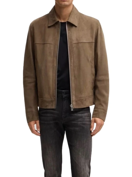 Brown Suede Leather Jacket With Zip Front