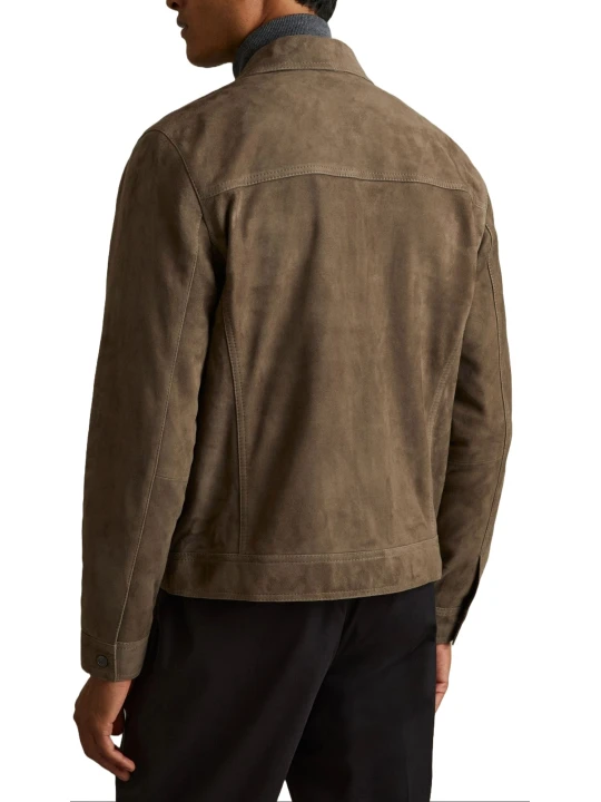 Brown Suede Leather Zip Through Trucker Jacket Brown Suede Leather Zip Through Trucker Jacket