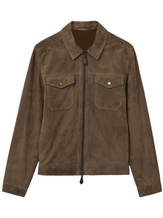 Brown Suede Leather Zip Through Trucker Jacket Brown Suede Leather Zip Through Trucker Jacket