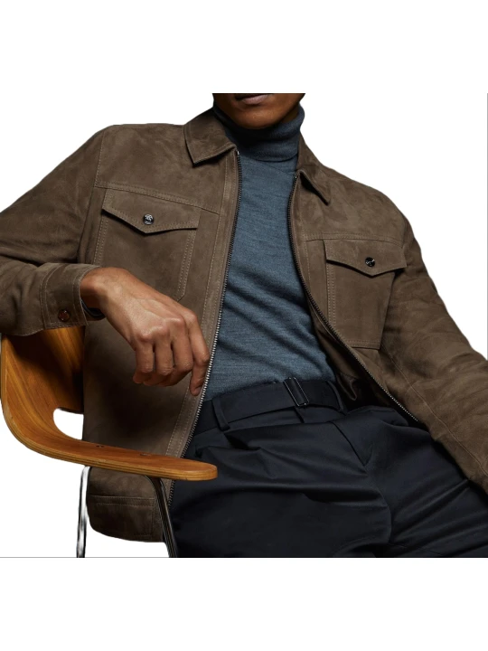 Brown Suede Leather Zip Through Trucker Jacket Brown Suede Leather Zip Through Trucker Jacket