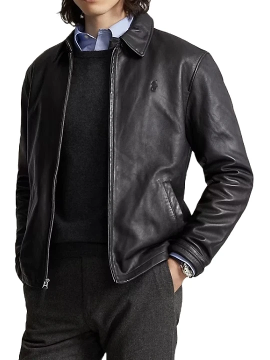 Buttoned Throat Latch Black Leather Jacket