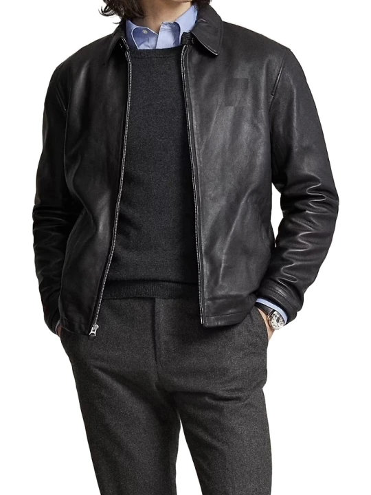 Buttoned Throat Latch Black Leather Jacket