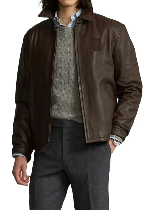 Buttoned Throat Latch Brown Leather Jacket