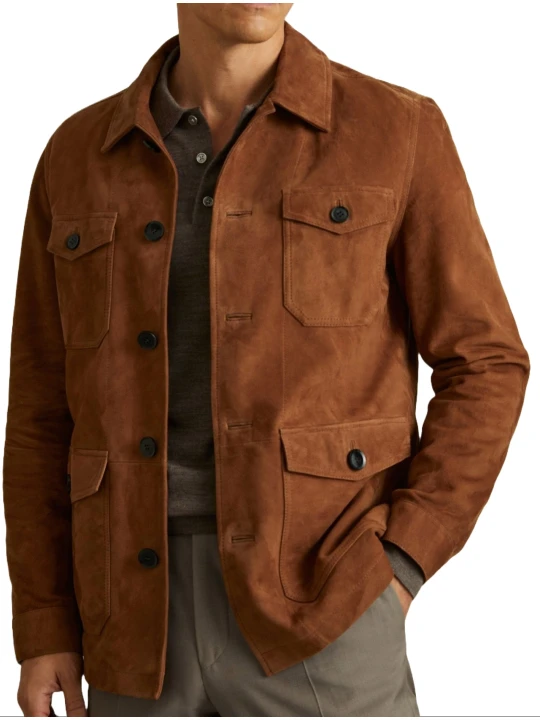 Camel Suede Leather Button Up Jacket