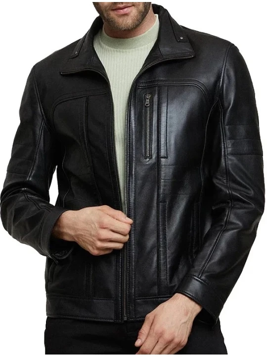 Classic Collar Black Leather Jacket