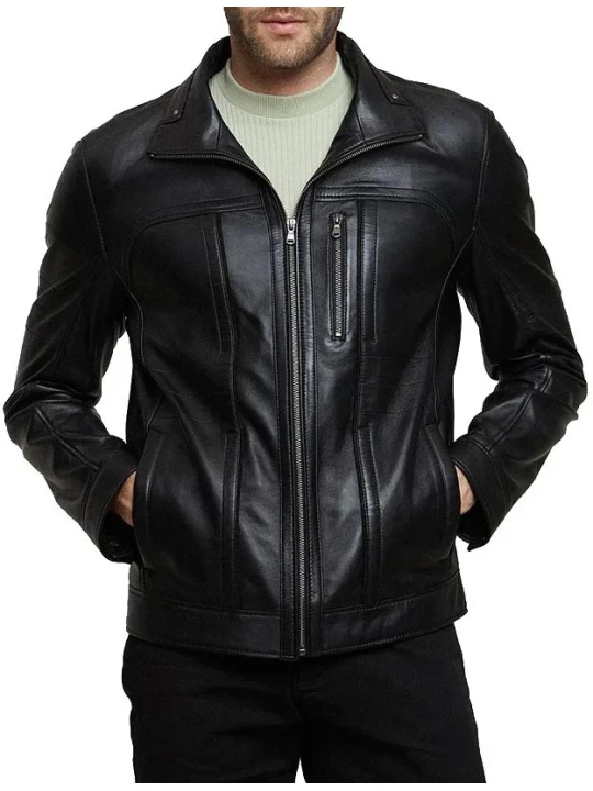 Classic Collar Black Leather Jacket