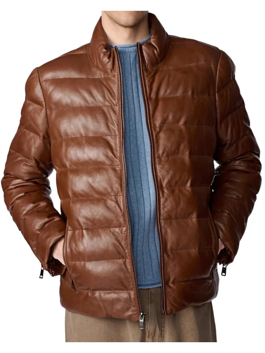 Cognac Leather Puffer Jacket