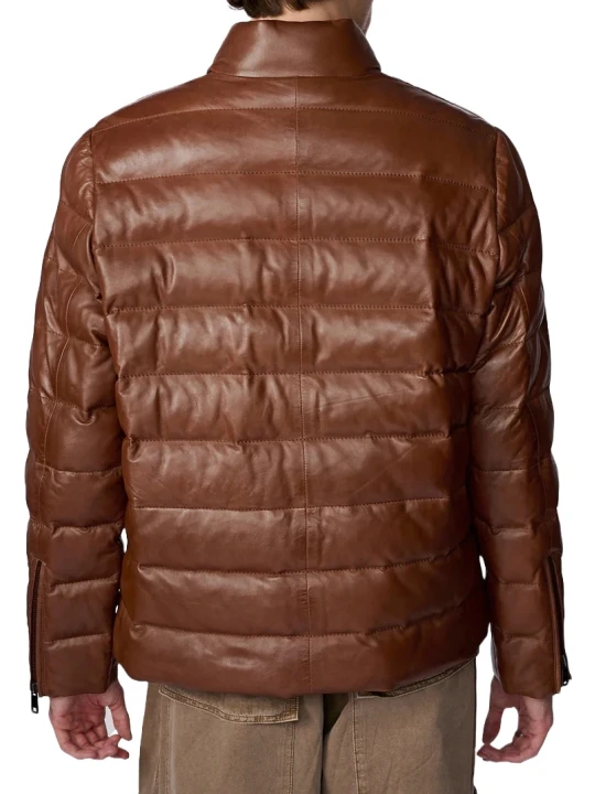 Cognac Leather Puffer Jacket