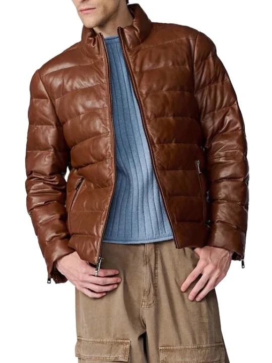 Cognac Leather Puffer Jacket