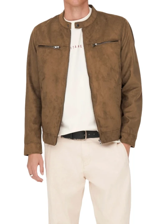 Cognac Suede Leather Round Neck Jacket
