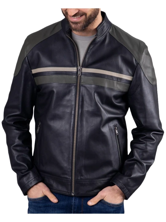 Contrast Stripe Navy Blue Leather Jacket