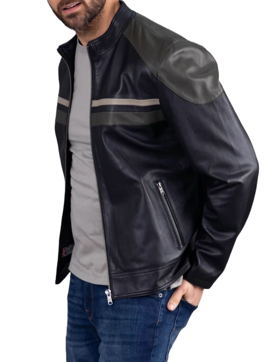 Contrast Stripe Navy Blue Leather Jacket