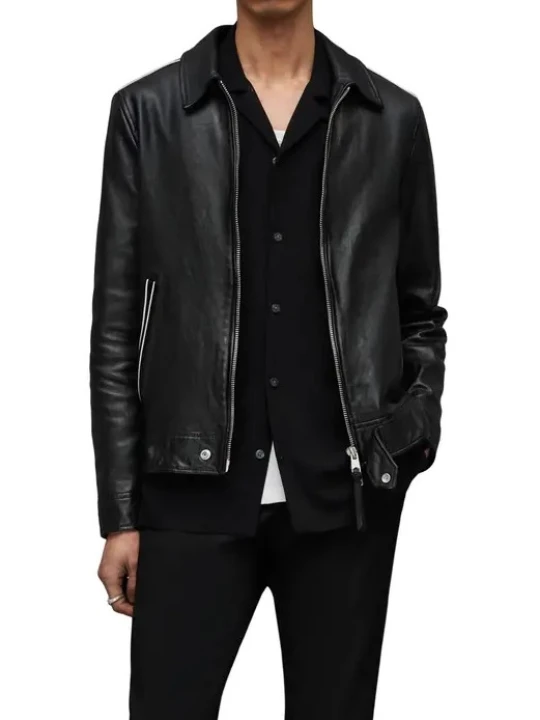 Contrast Trim Details Black Leather Jacket