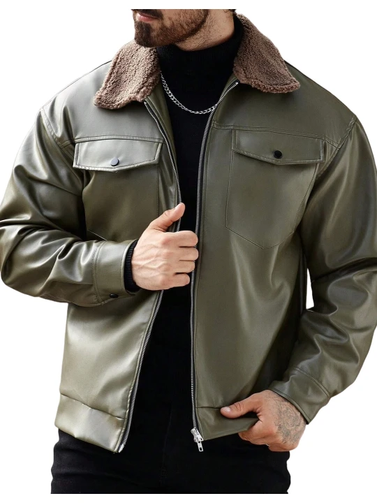 Fur Collar Olive Green Leather Jacket
