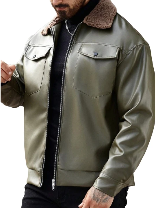 Fur Collar Olive Green Leather Jacket