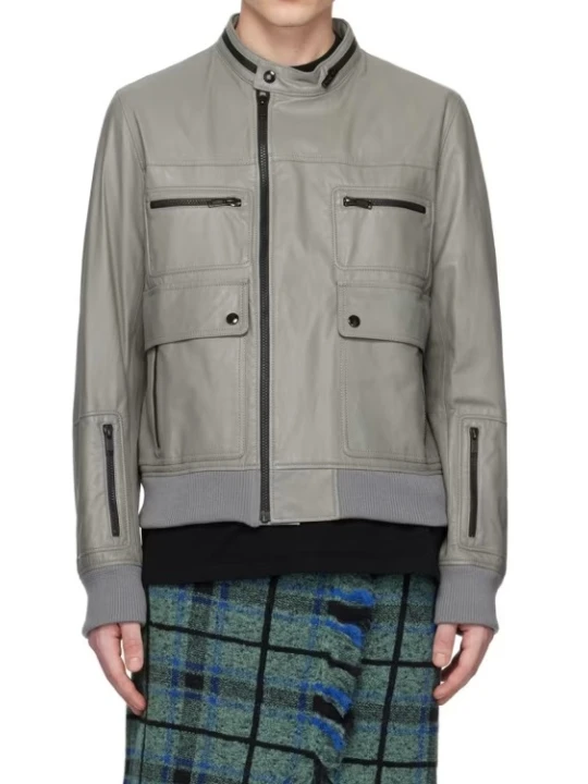 Gray Off Centered Zipper Leather Jacket