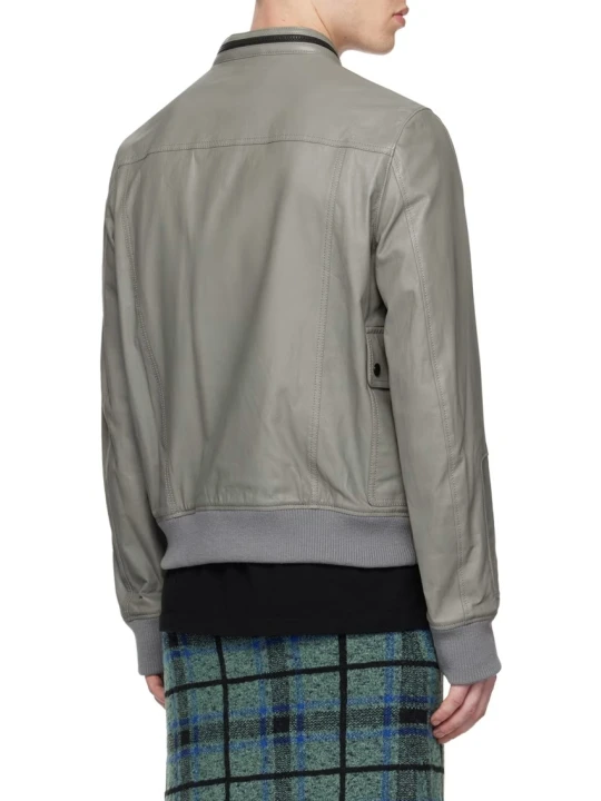 Gray Off Centered Zipper Leather Jacket
