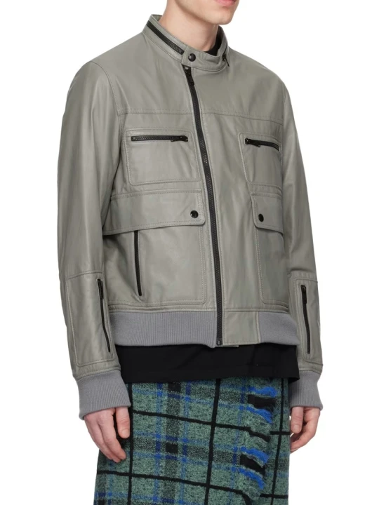 Gray Off Centered Zipper Leather Jacket