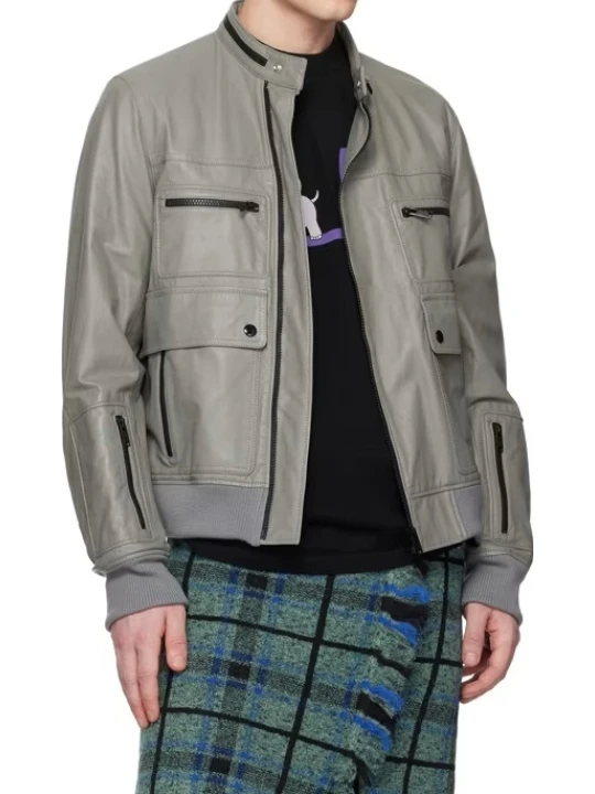 Gray Off Centered Zipper Leather Jacket