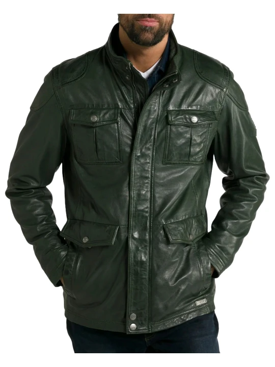 Green Four Pockets Leather Jacket