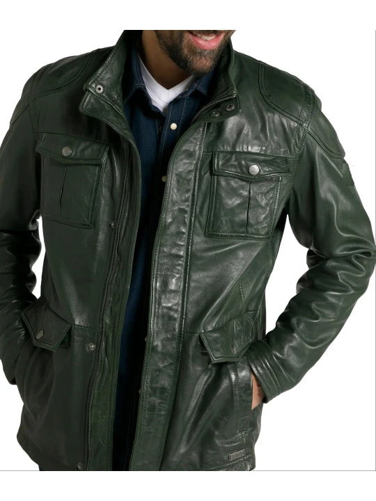 Green Four Pockets Leather Jacket