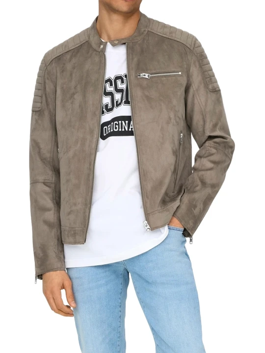 Grey Suede Leather High Neck Jacket