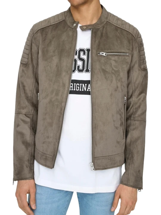 Grey Suede Leather High Neck Jacket Grey Suede Leather High Neck Jacket