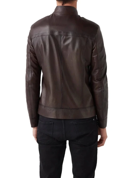 High Collar Brown Leather Jacket