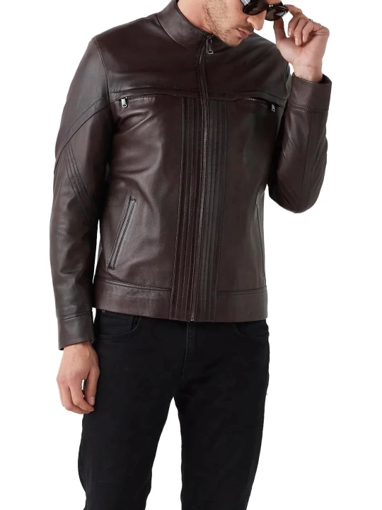 High Collar Brown Leather Jacket