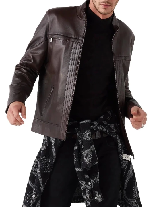 High Collar Brown Leather Jacket