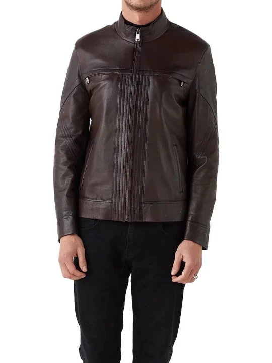 High Collar Brown Leather Jacket