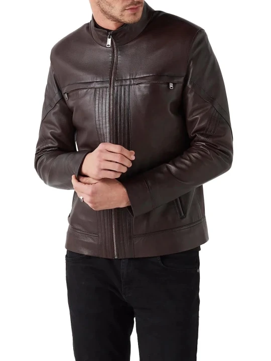 High Collar Brown Leather Jacket