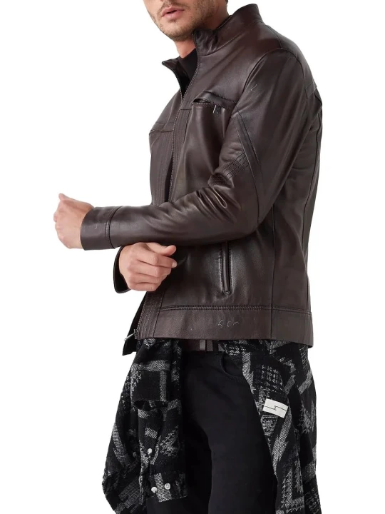 High Collar Brown Leather Jacket