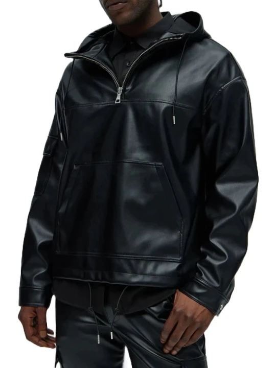  Hooded Black Leather Pullover Jacket