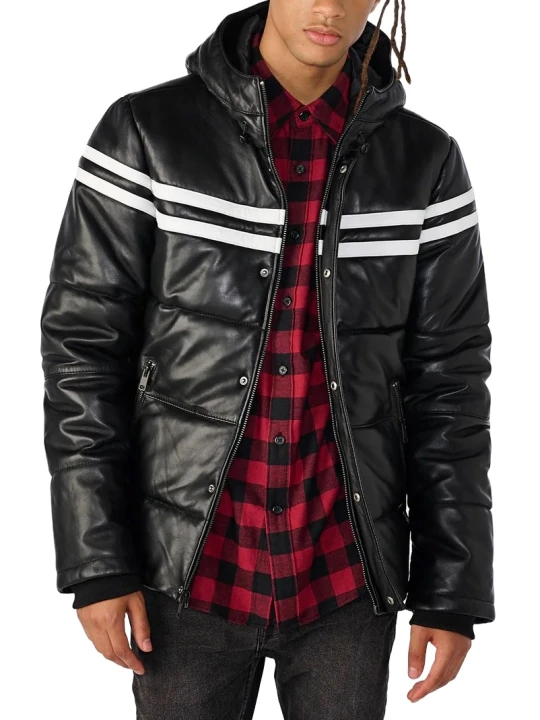 Hooded Puffer With Stripe Black Leather Jacket