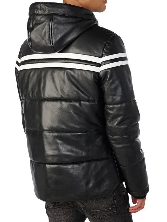 Hooded Puffer With Stripe Black Leather Jacket