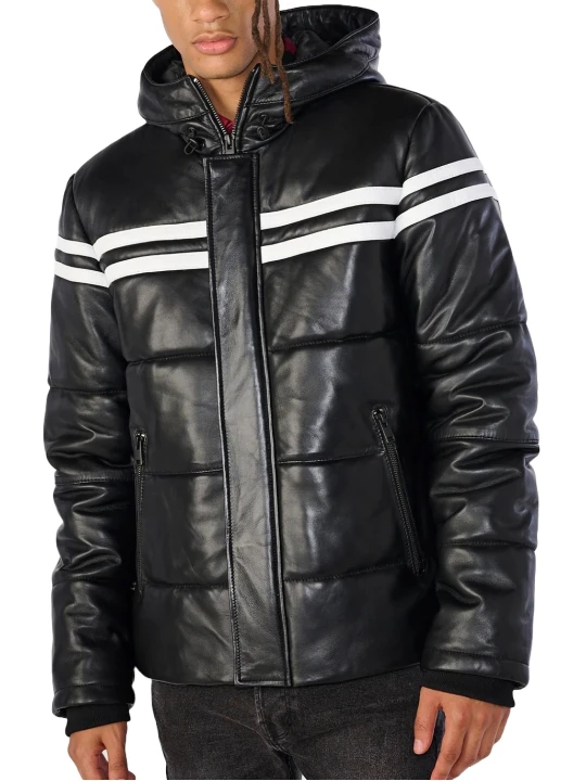 Hooded Puffer With Stripe Black Leather Jacket