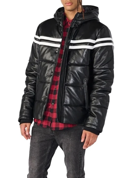 Hooded Puffer With Stripe Black Leather Jacket