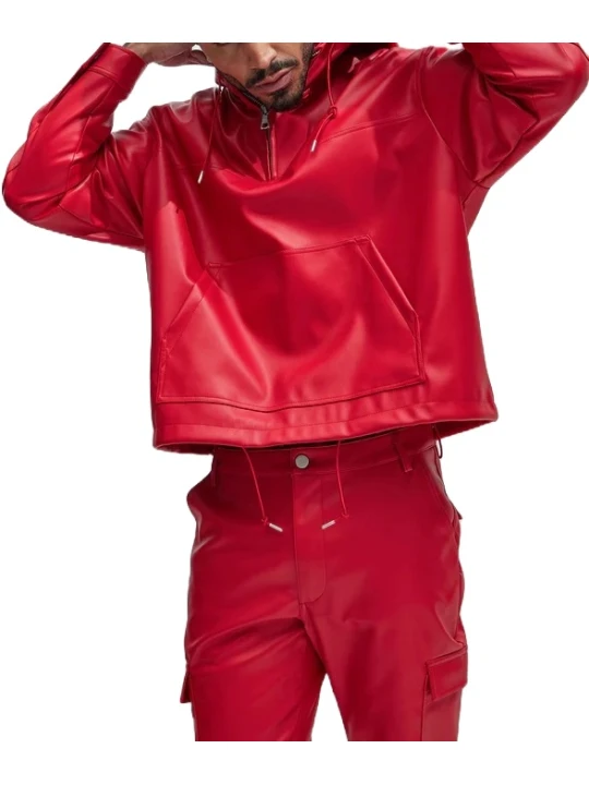  Hooded Red Leather Pullover Jacket