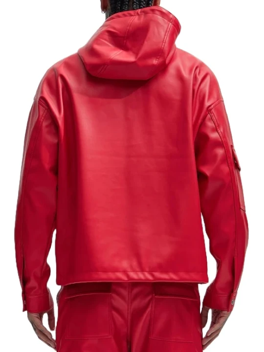  Hooded Red Leather Pullover Jacket